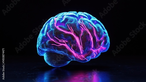 3D brain, glowing, neon