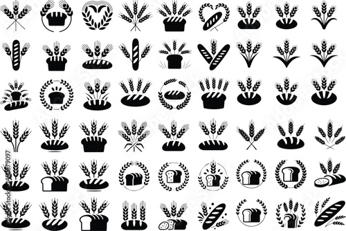 Wheat Wreaths & Grain Spikes Silhouette Set | Harvest Icon Collection Rustic Grain & Wheat Icons Silhouette | Black Farm Symbol Pack
