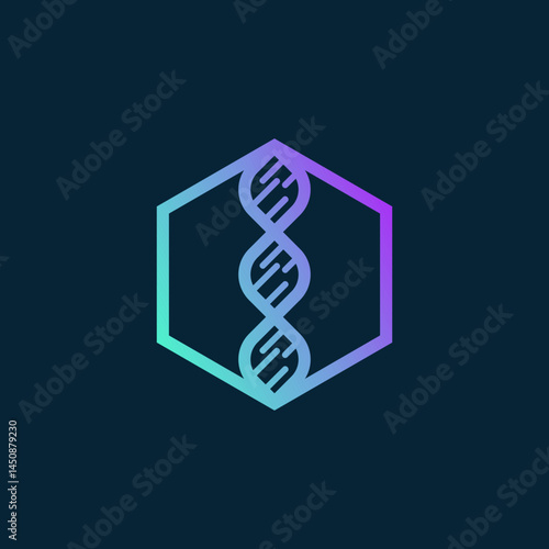 Creative Biotech Symbol with Abstract DNA Strand in Hexagonal Frame