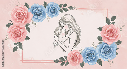 A mother holds her child tenderly, surrounded by roses in pastel shades of pink and blue, symbolizing love and affection.