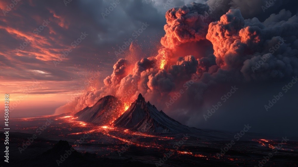 Fototapeta premium An active volcano erupting during a dramatic sunset, with lava flowing down its sides, creating a powerful and awe-inspiring scene