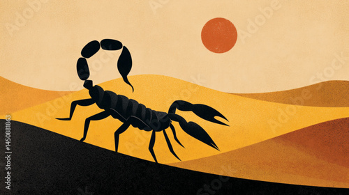 Scorpion desert landscape art illustration sun sand dunes wildlife nature black and orange theme