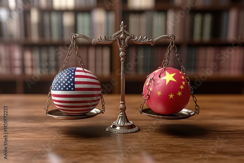 Balance of power between the United States and China represented by scales and flags in a library setting photo