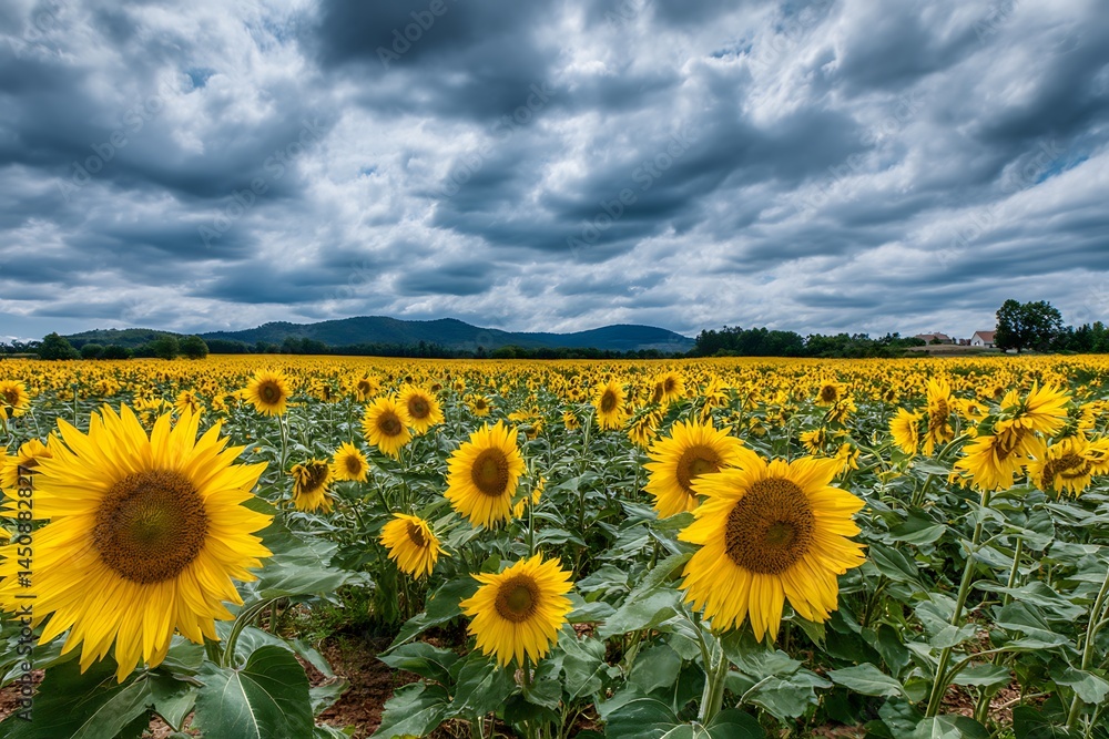 Obraz premium Cloudy Sunflower Field Scenic Beauty Landscape 