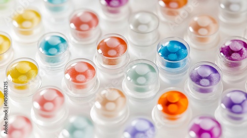 Detailed top down view of disc diffusion Kirby Bauer test showing antibiotic discs agar clear zones of inhibition labeled with no text white lab bench background ideal for clinical microbiology stock