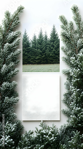 Snowy forest scene framed by frosted evergreen branches.  A blank white space is centered between two rows of evergreens, suggesting a Christmas card or print