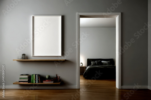 Interior view of a room with a blank frame shelves and a glimpse into a bedroom through a doorway