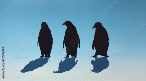 Three penguins silhouettes antarctica wildlife animal bird nature cold ice shadow frozen arctic sea icescape