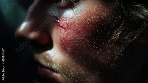 Injury aftermath bruised cheek urban setting realistic photograph dramatic lighting close-up view emotional impact