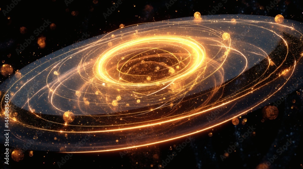 Cosmic swirl of golden energy, celestial bodies orbiting a radiant core. Abstract art depicting a vibrant, energetic universe Cosmic swirl of golden energy, celestial bodies orbiting a radiant core. Abstract art depicting a vibrant, energetic universe