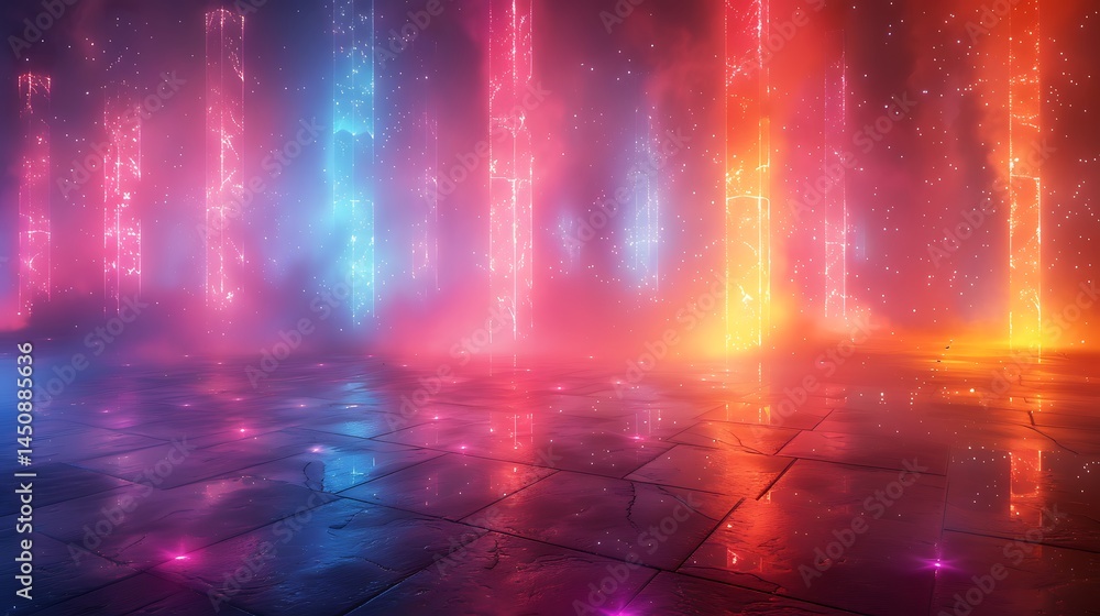 Immersive digital corridor filled with neon light silhouettes high resolution images Immersive digital corridor filled with neon light silhouettes high resolution images
