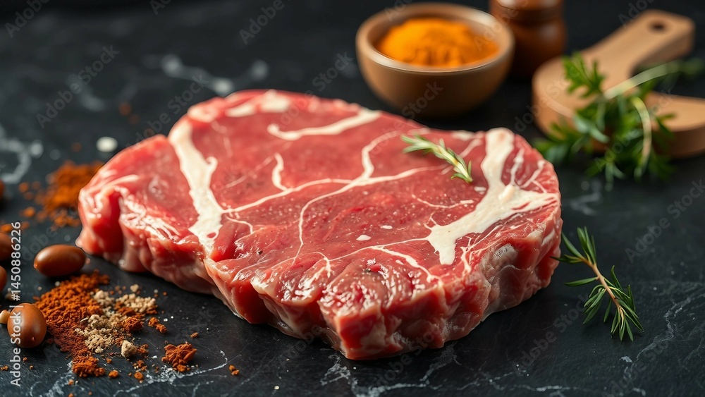 Fresh raw marbled beef rib eye steak and spices on black stone background copy space Fresh raw marbled beef rib eye steak and spices on black stone background copy space