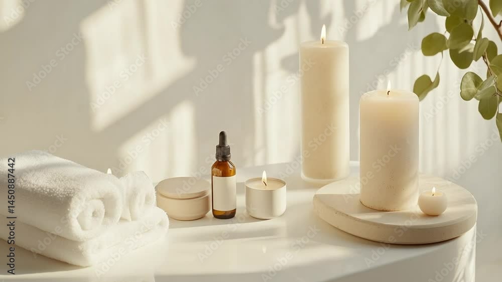 Serene Spa Setting: Candles, Towels, and Essential Oils Serene Spa Setting: Candles, Towels, and Essential Oils