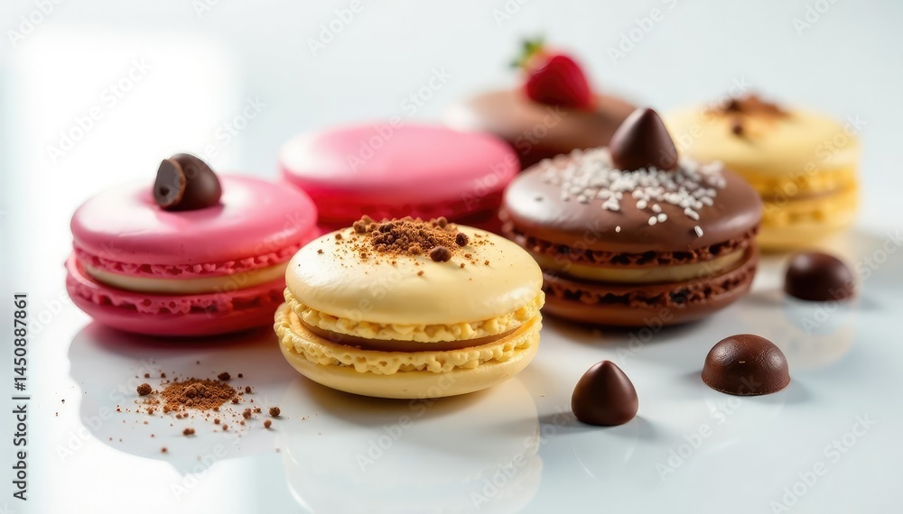Assorted pastries, macarons, chocolate on pristine white , chocolate, delicious Assorted pastries, macarons, chocolate on pristine white , chocolate, delicious