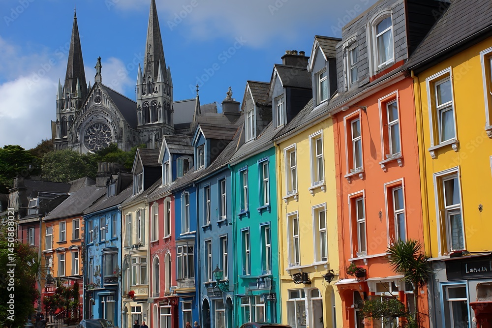 Obraz premium Colorful Houses by Cobh Ireland Cathedral 