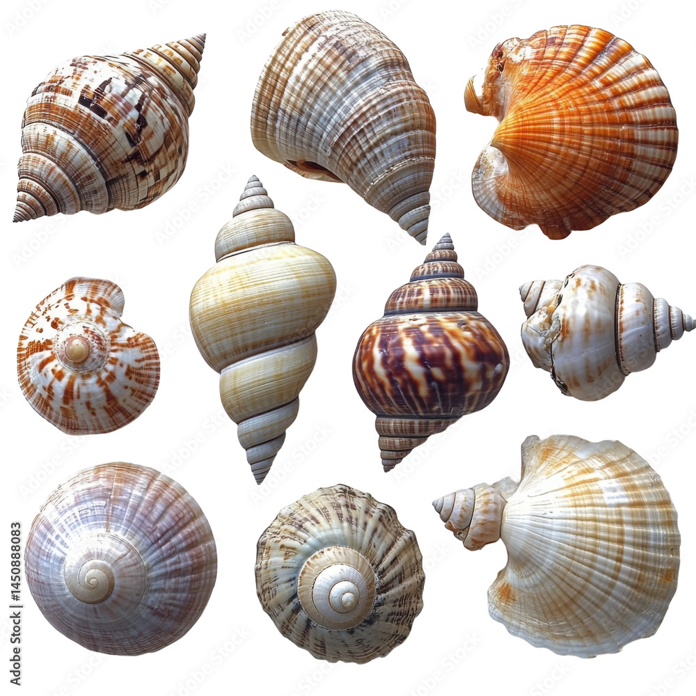 Exploring unique seashells beachfront close-up photography nature. Isolated on transparent background, png. Exploring unique seashells beachfront close-up photography nature. Isolated on transparent background, png.
