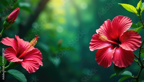 Bold hibiscus blossoms and lush greenery, vibrant color palette, nature, green