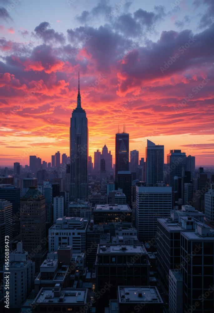 Obraz premium Modern city skyline with a dynamic colorful sunset casting vivid hues across sleek skyscrapers and reflecting off glass facades Generative AI