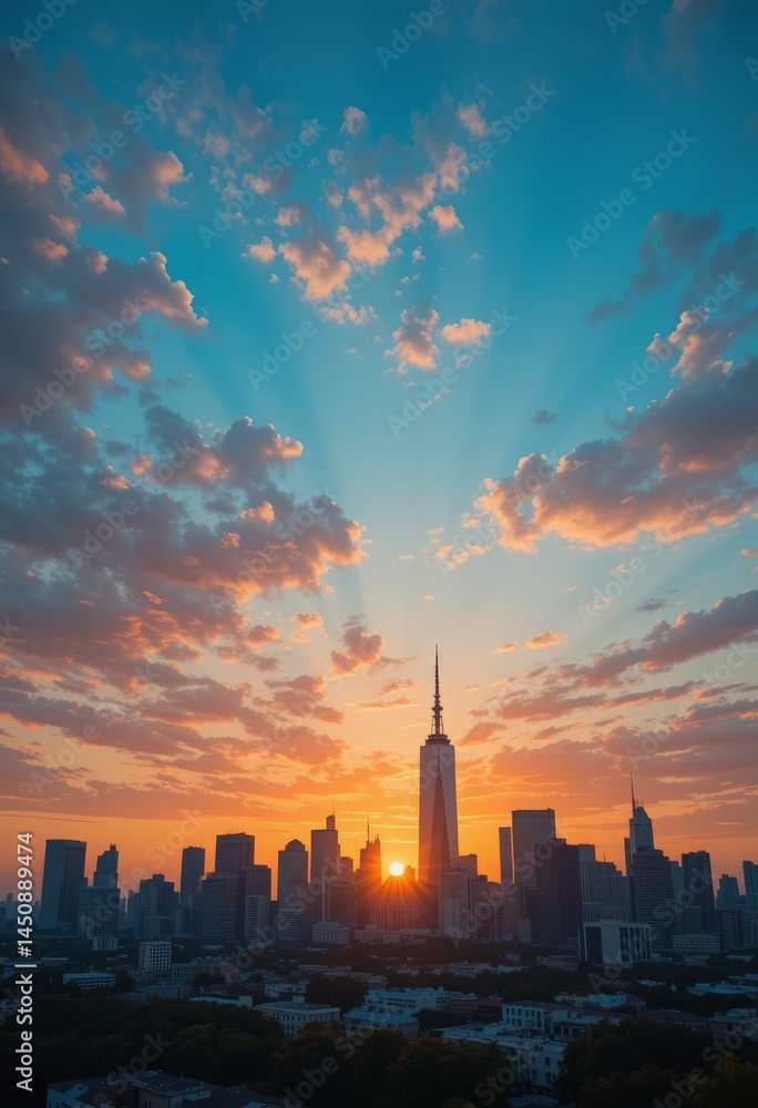 Fototapeta premium Modern city skyline with a dynamic colorful sunset casting vivid hues across sleek skyscrapers and reflecting off glass facades Generative AI