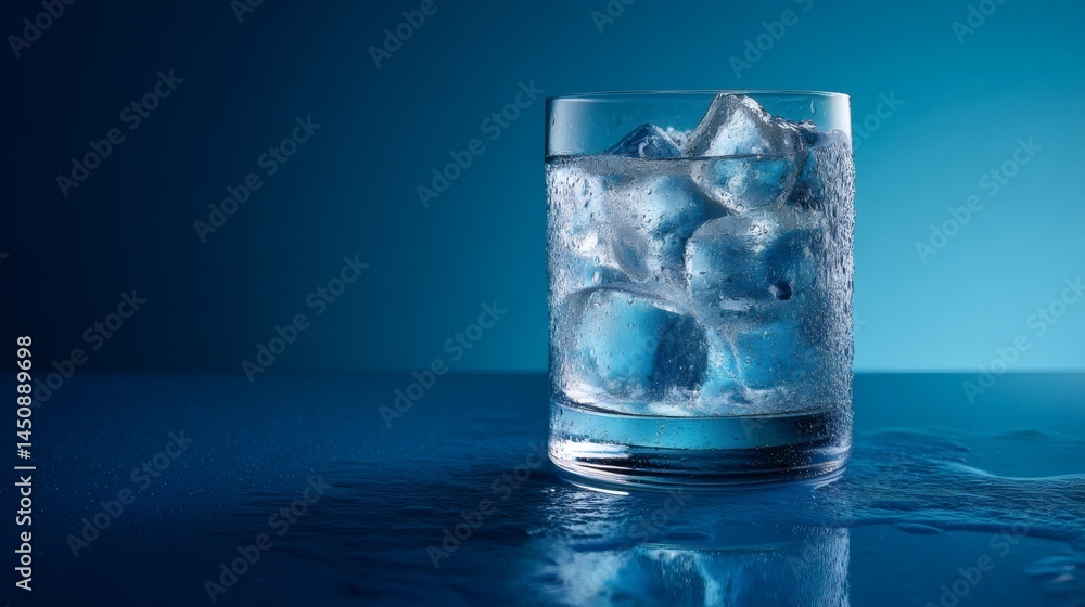 Refreshing glass filled with ice cubes and water, the scene captures a cool, invigorating, and visually appealing experience Refreshing glass filled with ice cubes and water, the scene captures a cool, invigorating, and visually appealing experience