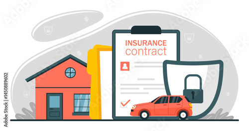 Property insurance scene. Contract policy with house building, car vehicle and shield icon. Security from damage and accident concept. Protection agreement document. Flat isolated vector illustration.