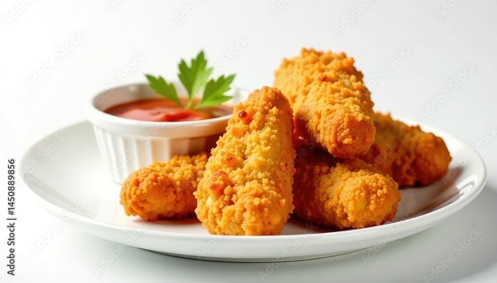 Crispy chicken nuggets with dipping sauce, white backdrop , dinner, plate Crispy chicken nuggets with dipping sauce, white backdrop , dinner, plate