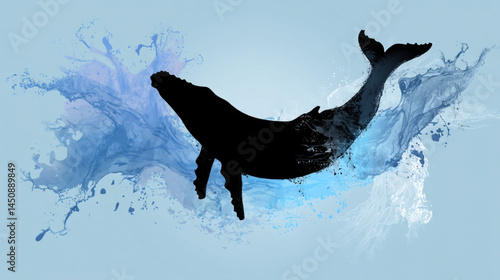 Whale silhouette art print, ocean life wall decor, marine animal poster, sea creature artwork, splash design