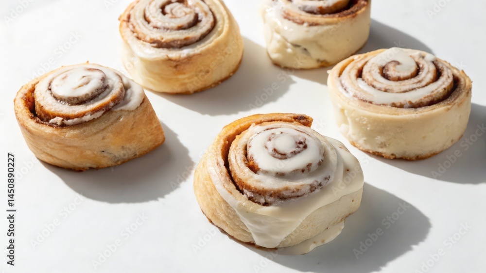 Fresh Cinnamon Rolls with Vanilla Icing Drizzled on Top Arranged on White Background
Fresh Cinnamon Rolls with Vanilla Icing Drizzled on Top Arranged on White Background