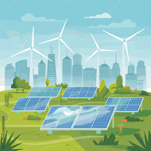 Eco City with Solar Panels and Wind Turbines
