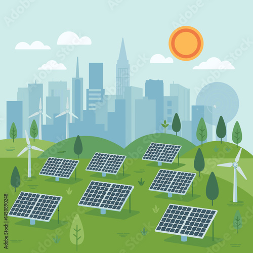 Eco City with Solar Panels and Wind Turbines