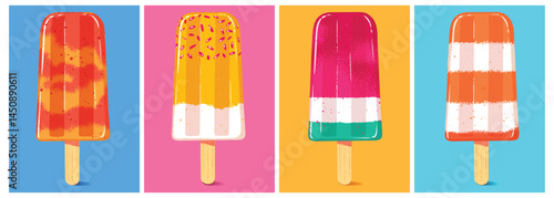 Bright and colorful popsicles in various flavors. Summer Frozen Treats Vector Illustration set. summer food designs, children's graphics, packaging, and seasonal advertising.