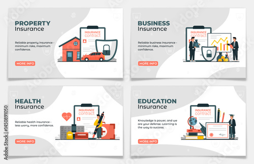 Collection of insurance landing page template. Property, business, heath, education insurance service web banner set. Security and protection of property and life from damage. Flat vector illustration