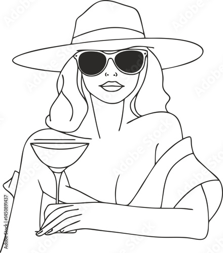Elegant Caucasian Woman in Sun Hat and Sunglasses Holding Cocktail – Line Vector for Summer Fashion Blogs, Luxury Travel Campaigns, and Lifestyle Editorials in Black and White