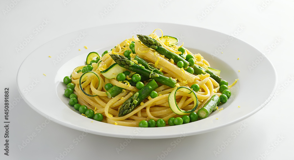 Plated pasta primavera with spring vegetables and lemon zest
Plated pasta primavera with spring vegetables and lemon zest