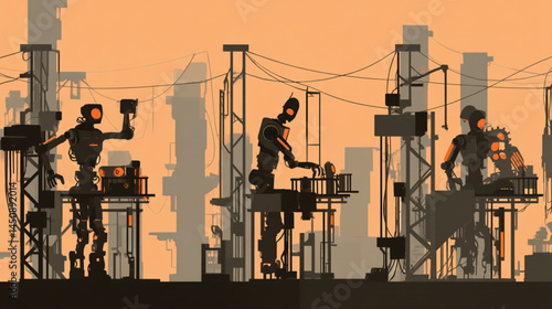 Robots in city illustration vector art futuristic cityscape technology ai automation future world