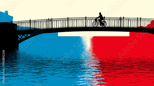Silhouette bridge cyclist over water with reflections art print poster stock illustration