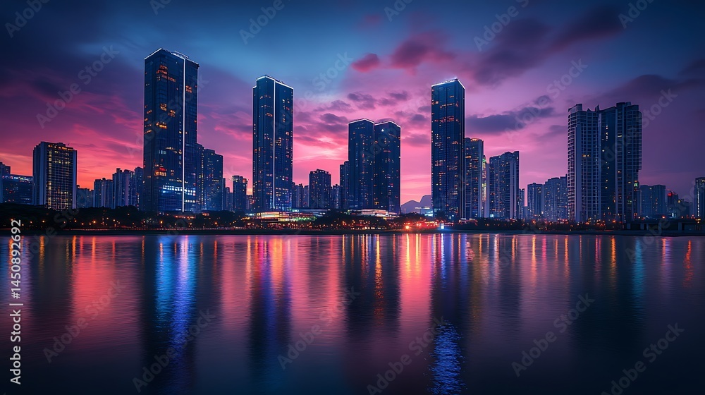 Fototapeta premium Vibrant cityscape reflected in a tranquil river at dusk.