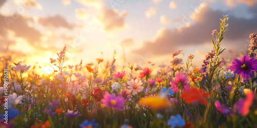Vibrant Sunset Wildflower Meadow: Nature Photography Background
