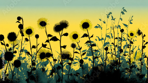 Silhouette sunflowers field illustration graphic art design, wallpaper background nature landscape art.