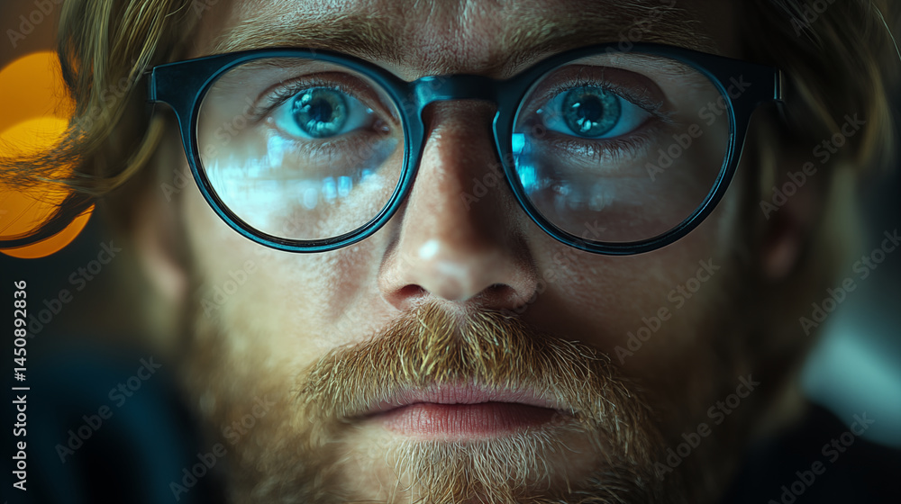 Man with blue glasses reflecting computer screen light closeup, digital technology and cybersecurity concept Man with blue glasses reflecting computer screen light closeup, digital technology and cybersecurity concept