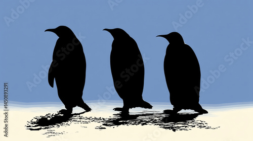 Three penguin silhouettes standing on ice antarctica wildlife arctic bird animal nature vector art