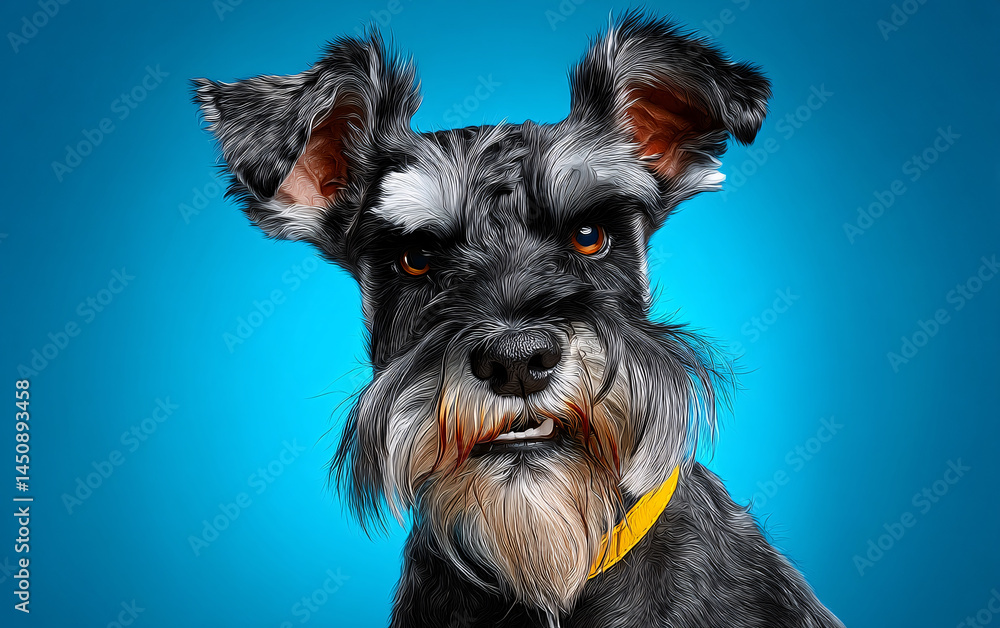 detailed illustration of black schnauzer dog with expressive face and colorful artistic background closeup portrait showing texture of fur emotional eyes and vivid digital art character of pet animal
detailed illustration of black schnauzer dog with expressive face and colorful artistic background closeup portrait showing texture of fur emotional eyes and vivid digital art character of pet animal