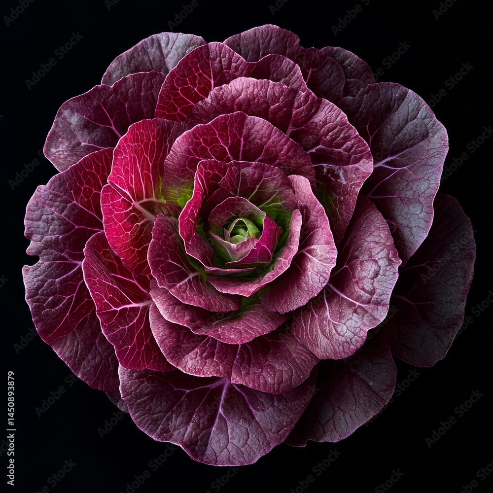 Obraz premium single head of radicchio deep red-purple leaves crisp fine organic texture soft diffused lighting balanced clean presentation 