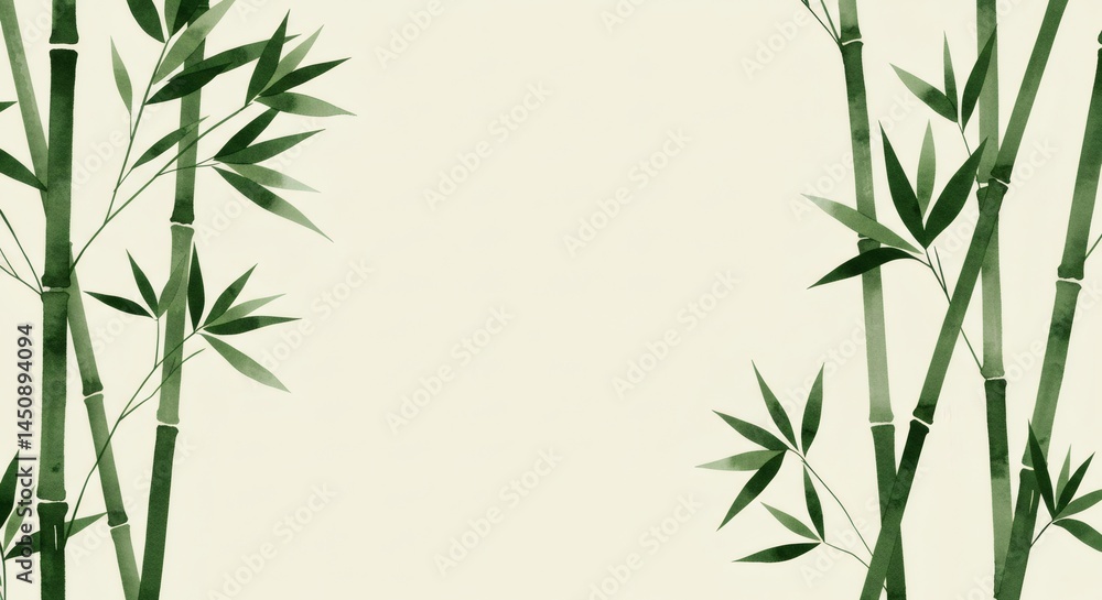 Fototapeta premium Watercolor illustration of stylized bamboo leaves in deep green on a soft light background, minimal and elegant for Asian-inspired or eco-themed designs.