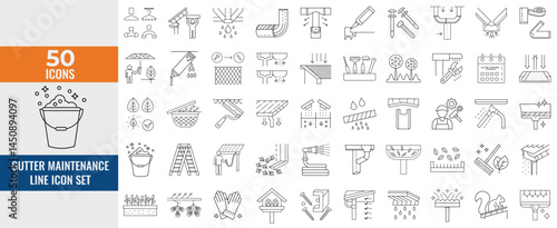 Gutter Maintenance Icons Vector Set of Downspout Cleaning, Hose, Ladder, Bracket, Debris, Leaf Guard & Repair, Thin Line Illustrations