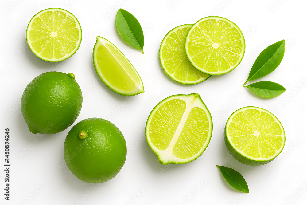 Fresh Limes and Slices on White Surface Fresh Limes and Slices on White Surface