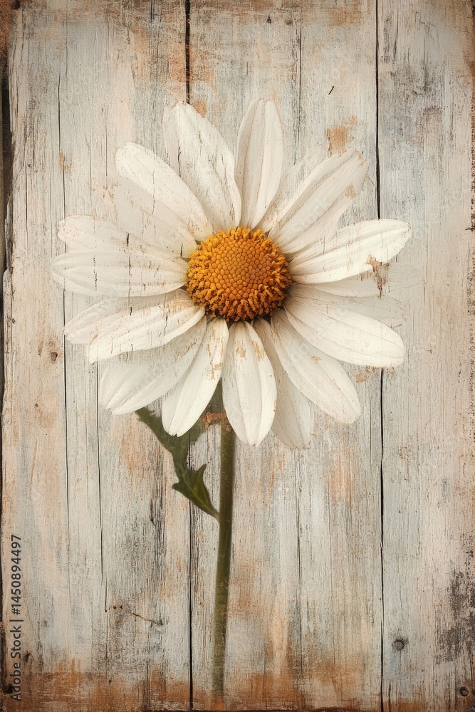 Obraz premium single white daisy on a rustic wooden surface soft morning light illuminating delicate textures warm neutral background