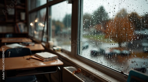 Rain falling outside classroom school environment realistic photograph indoor viewpoint emotional atmosphere