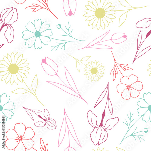 seamless pattern with simple icons of buds of various flowers with petals of different sizes drawn with several multi-colored lines in line art style, for logos and tattoos