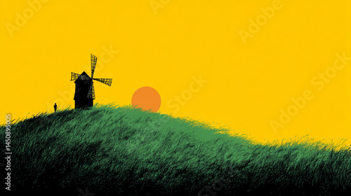 Silhouette windmill landscape at sunset with grass and sky perfect for background usage art